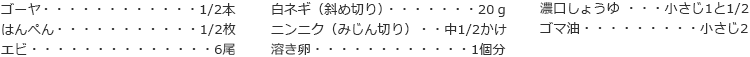 ゴーヤ　1/2本
はんぺん　1/2枚
エビ　6尾
白ネギ（斜め切り）　20ｇ
ニンニク（みじん切り）　中1/2かけ
溶き卵　1個分
濃口しょうゆ　小さじ1と1/2
ゴマ油　小さじ2